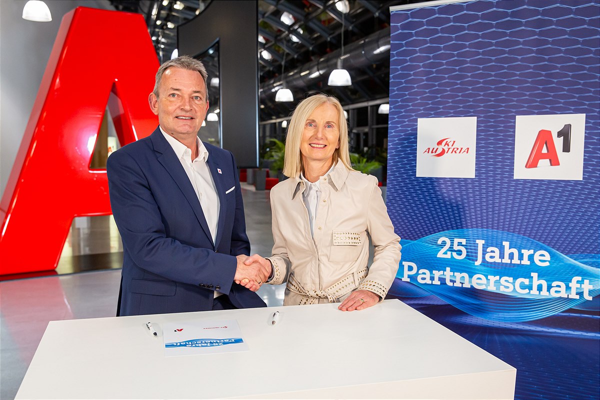 A1 Österreich CEO Marcus Grausam und ÖSV-Präsidentin Roswitha Stadlober